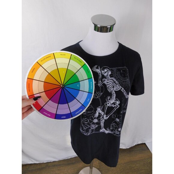 Dancing Skeleton Shirt Large Black White Graphic Tee Floral Cosmic Art - Picture 8 of 9